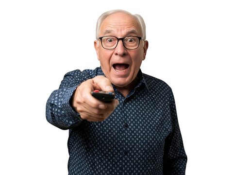 Excited senior man pointing a remote control at the television screen camera