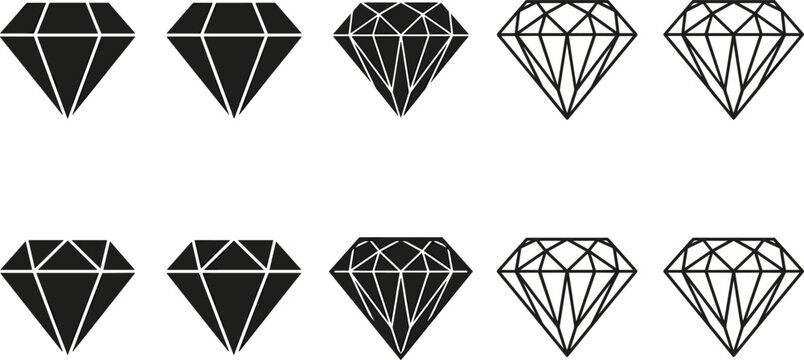 Brilliant diamond gemstone crystal vector icons set showing luxury jewelry line facets for premium branding geometric logo designs