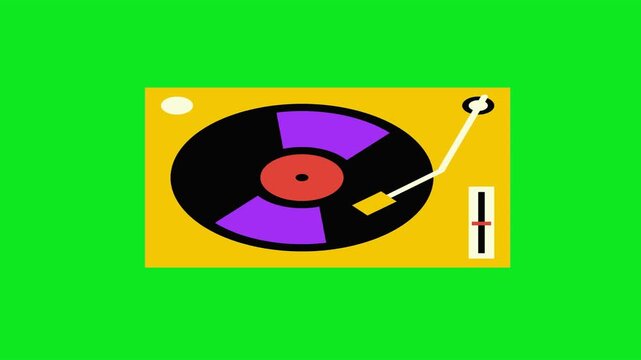 Animated yellow turntable playing vinyl record on green screen