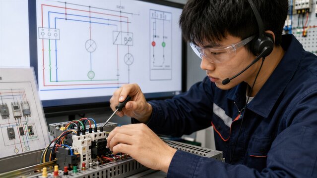 Young Technician Wiring Electrical Control Panel in Workshop