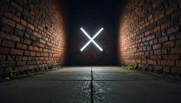 Bright neon cross lighting the dark brick tunnel