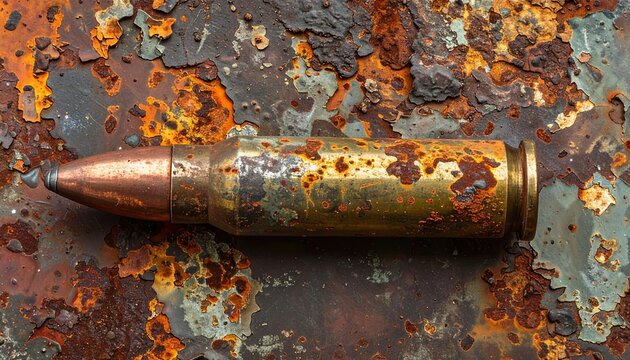 Old corroded bullet shell casing with weathered rusty metal texture