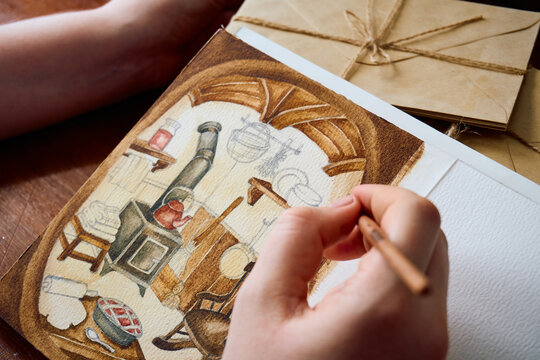 Artist adding fine watercolor details to cozy room painting