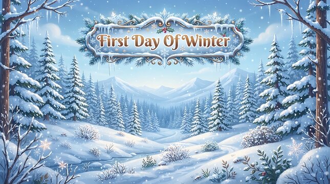 First Day Of Winter text over a majestic winter valley with snow-covered mountains and pine trees image
