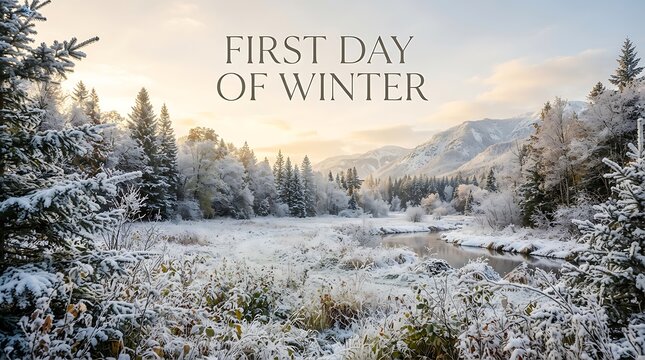 First Day Of Winter text over a serene winter landscape with a river and snow-covered trees at sunrise