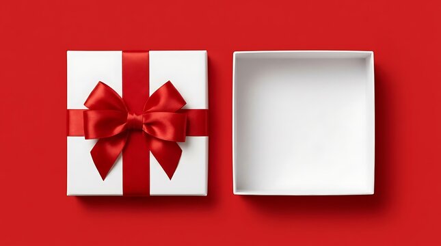 An open white gift box with a red ribbon on a red background, showcasing emptiness after a surprise or gift has been removed.