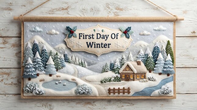 Handmade felt wall hanging depicting a cozy winter village scene with a cabin and ice skaters first day of winter