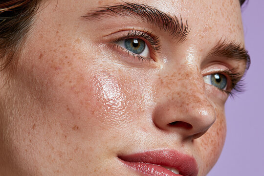Young face with dewy freckled skin, blue eye, natural eyebrow, glossy cheek, soft pink lips, lavender background