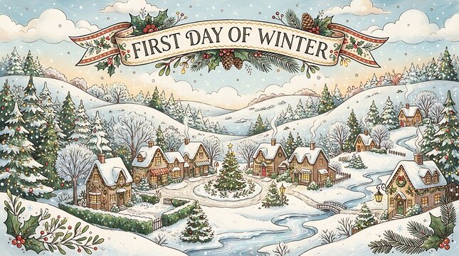 Cozy snow-covered village with festive decorations and a banner proclaiming the first day of winter Keywords: winter, village, snow, christmas, holiday, festive, cozy, countryside, rural, houses