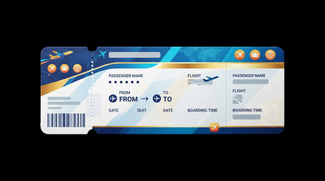 Blue and white airline boarding pass ticket isolated on black with flight ticket