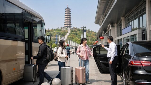 Tourists with Luggage Boarding Transport near Giant Wild Goose Pagoda in Xi'an