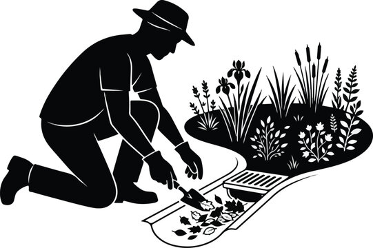 Gardener Clearing Leaves from Drainage Ditch Near Garden Bed Vector Illustration