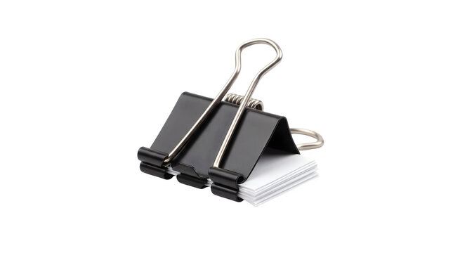Black binder clip holding a stack of white paper sheets isolated on transparent background