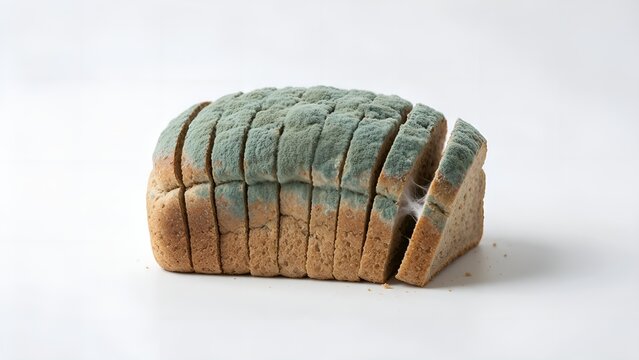 Sliced brown loaf of bread showing heavy green fuzzy mold growth sitting isolated on a clean white studio background captured with bright professional soft lighting