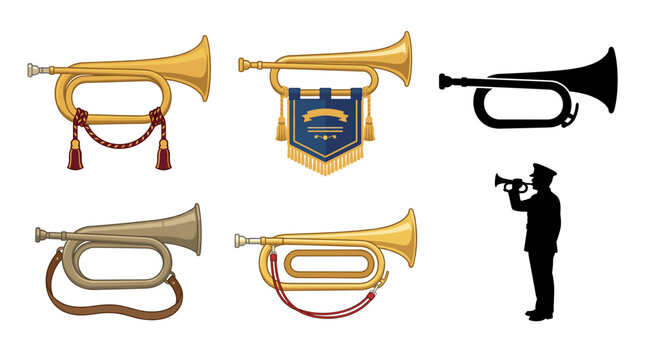 Professional vector collection featuring different styles of bugle instruments, including military bugles, ceremonial bugles, brass bugles, historical bugles, marching bugles, and bugler performance