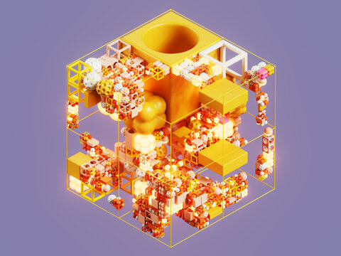Abstract Yellow Cube in Modular Wireframe Structure