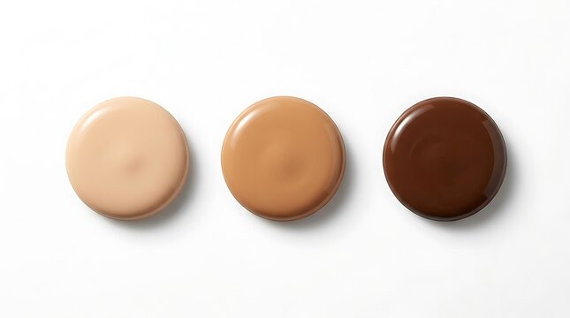 Three liquid foundation makeup swatches in light, medium, and dark skin tones isolated on white background