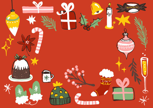 Hand-Drawn Christmas Icons with Central Copy Space