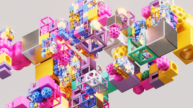 Abstract Colorful Modular Structure with Metallic Cubes