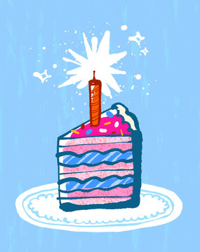 Colorful Birthday Cake Slice with Sparkler Candle