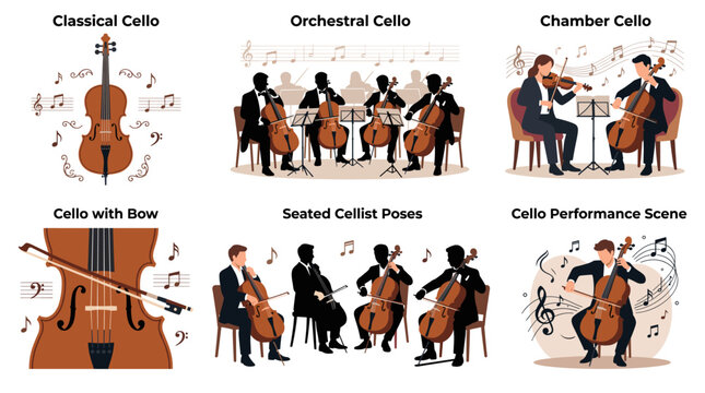 Set of vector collection featuring different styles of cello instruments, including classical cello, orchestral cello, chamber cello, cello with bow, cello performance scenes, and seated