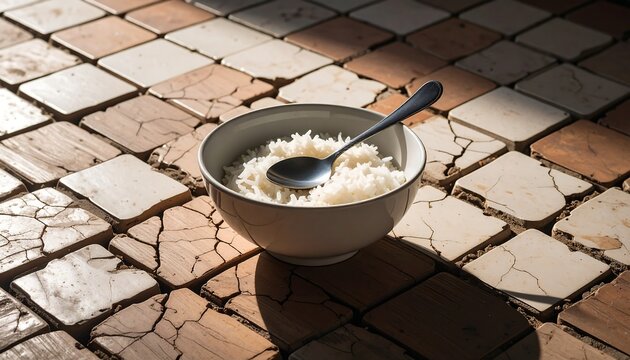 Rice Bowl with a Spoon on Broken Tiles