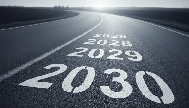 Futuristic road with 2028 2029 2030 text, asphalt highway perspective for planning