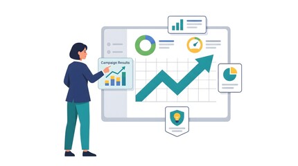 Obraz premium Businesswoman analyzing campaign results dashboard, growth arrow chart and performance metrics vector illustration