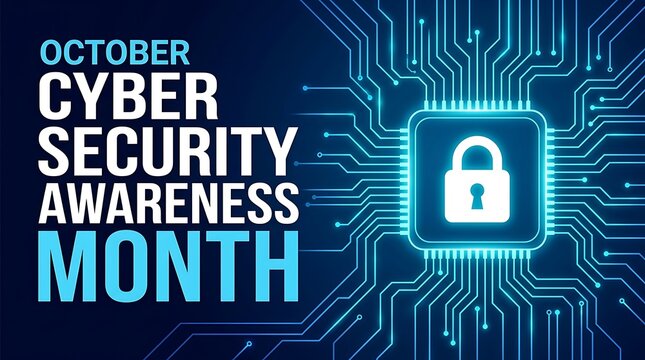 October Cybersecurity Awareness Month graphic with circuit board and padlock icon, promoting digital safety and awareness during October.