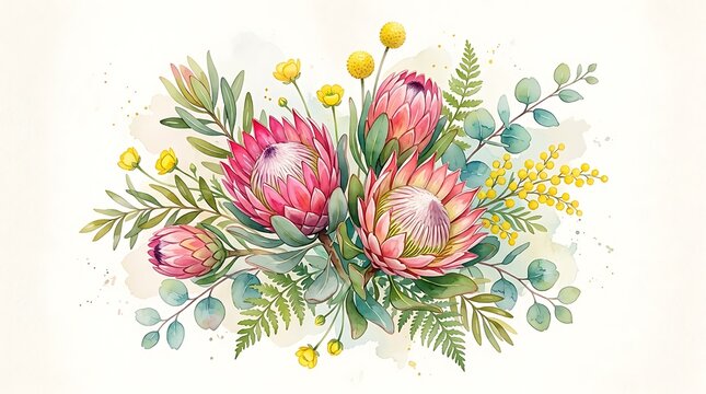 Beautiful watercolor bouquet with pink protea flowers and yellow billy buttons with green eucalyptus leaves for design