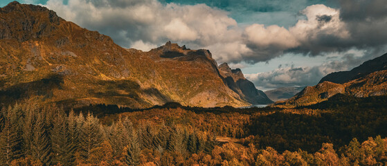 Panoramic aerial view of a mountain range and colorful autumn forest in northern Norway under a cloudy sky © Quality by Simon