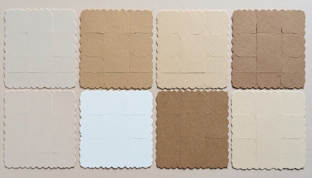 Four square scalloped craft paper swatches in natural tones