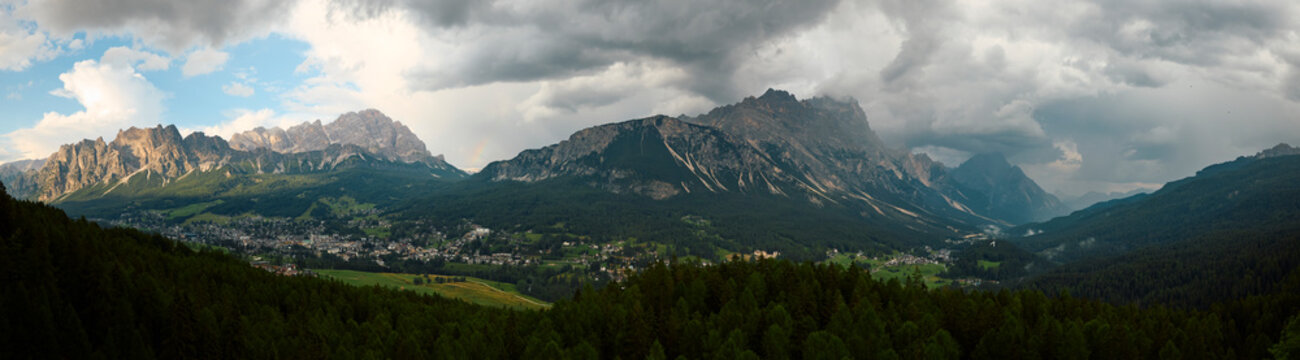 Panorama of the town of Cortina lies in the valley