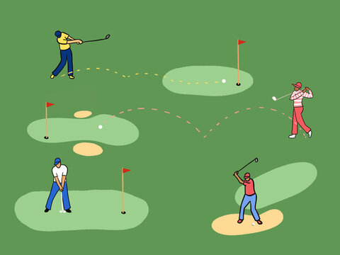Golfers Practicing on a Course With Flags and Holes