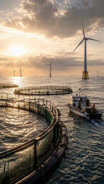 Offshore Fish Farm Pens and Wind Turbines at Sunset with a Workboat