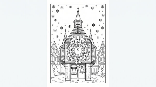 Ornate gothic glockenspiel astronomical clock tower with bells in snowy village square coloring page stock illustration&mdash;featuring traditional half-timbered houses, falling snowflakes, and winter line 