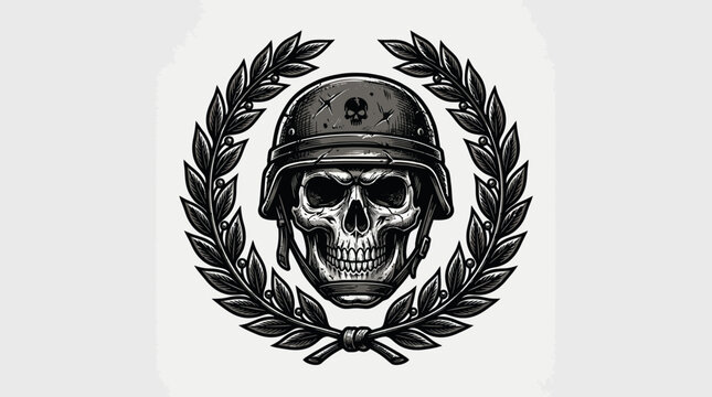 Military skull in helmet with laurel wreath emblem