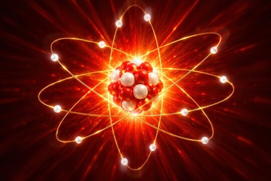 Atom structure with glowing nucleus and orbiting electrons, representing subatomic physics, quantum mechanics, energy, and scientific research concepts