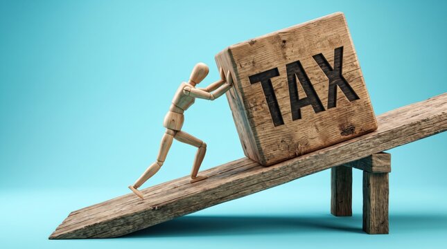 Person pushing giant tax block on seesaw