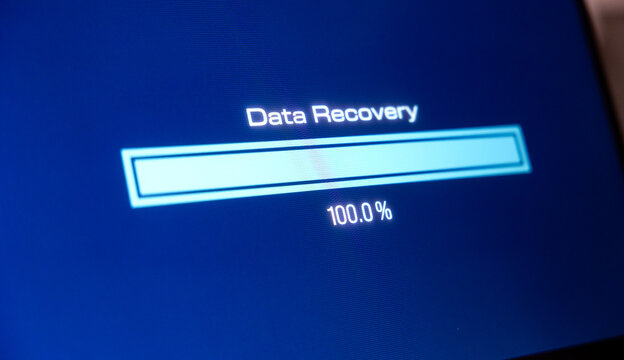 Data recovery progress bar. Recovery and restoration of damaged data storage media. Information technology, download, status, data storage, processing, digital asset management.