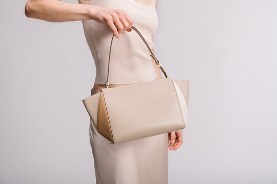 Beige Leather Handbag Fashion Accessory On Model
