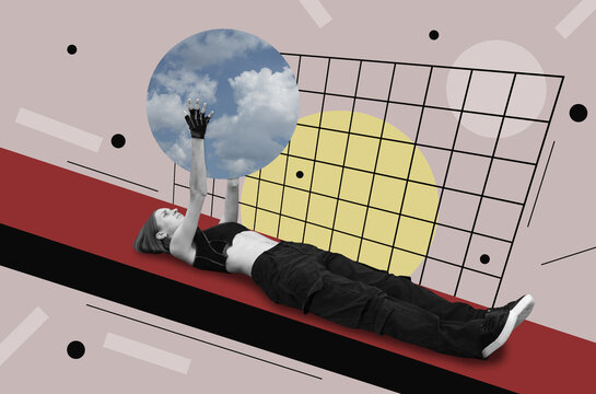 Collage with a lying woman against abstract background