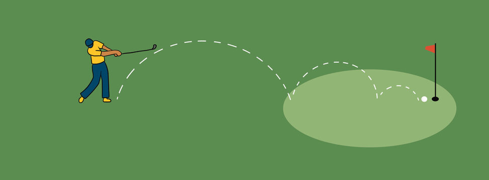 Man Swings Golf Club Towards Hole on Green Course