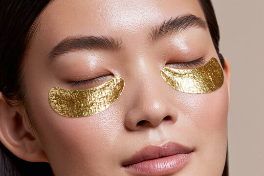 Golden eye patches on close up portrait of young woman with smooth skin and relaxed expression, beauty treatment and skincare concept