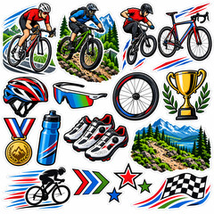 Fototapeta premium Cycling stickers set with mountain bikes and professional racing gear
