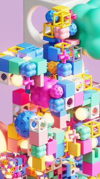 Abstract Pastel Modular Structure in Blue Pink and Yellow