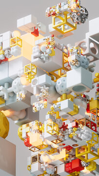 Abstract White and Yellow Modular Structure with Floating Cubes