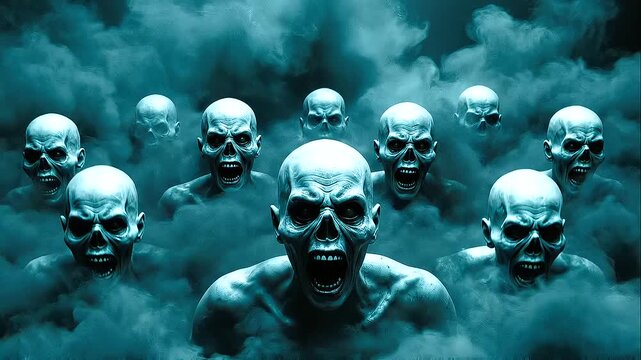 Sinister human-like faces emerging from glowing teal vapor and dark swirling smoke, distorted ghostly expressions in a wide atmospheric scene, spooky Halloween nightmare background