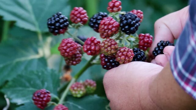 Farmer hand picking ripe black blackberries from bush in organic garden, macro close up shot
