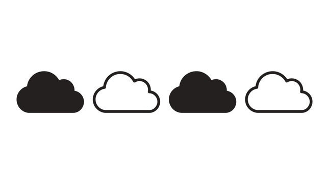 Collection of simple cloud icons in solid fill and linear outline styles with weather symbols